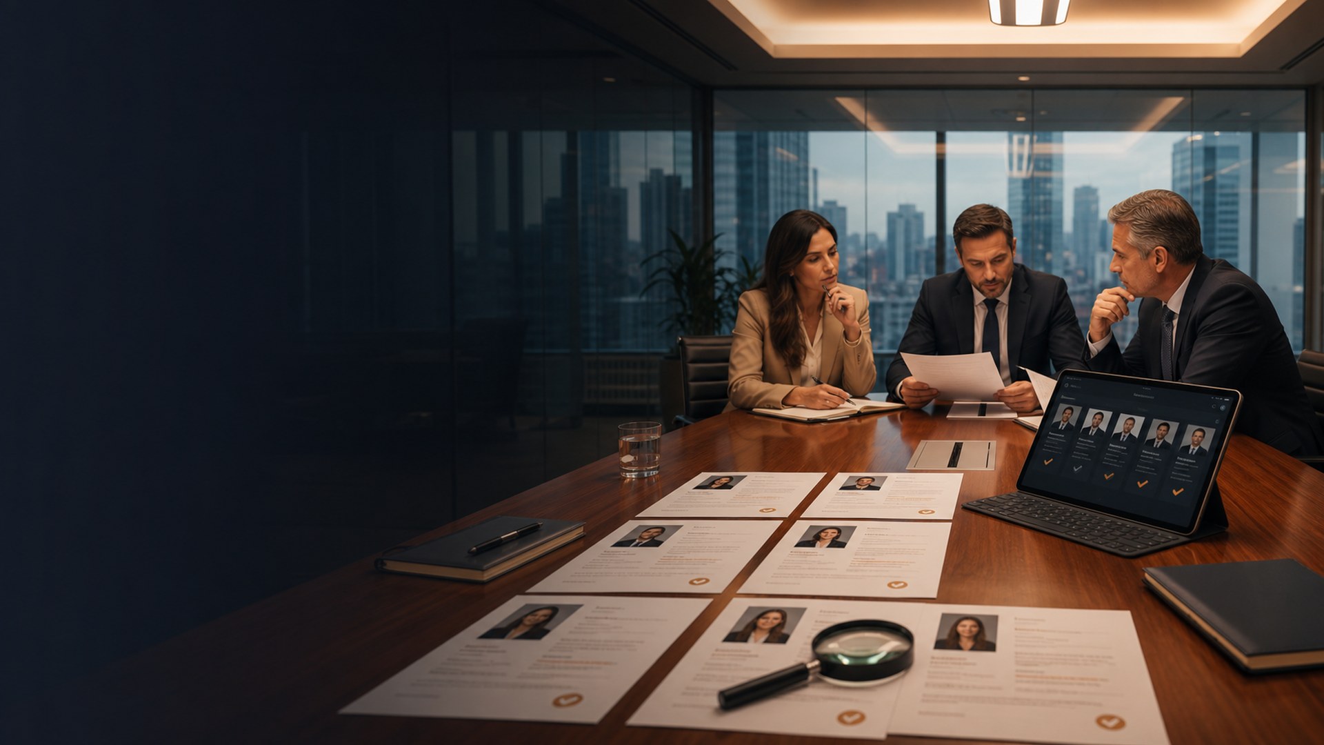 Equipo profesional revisando perfiles de talento en una reunión estratégica